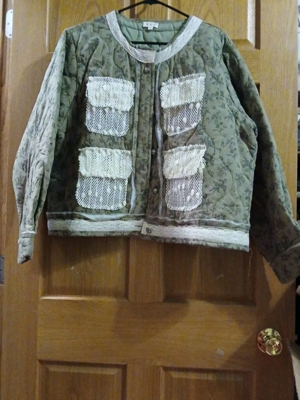POL Olive Green Quilted Jacket with Lace Pocket Details